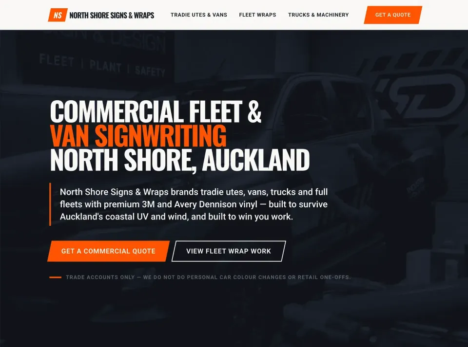 A bold portfolio website design demonstrating commercial fleet branding and custom vehicle wraps in Auckland.