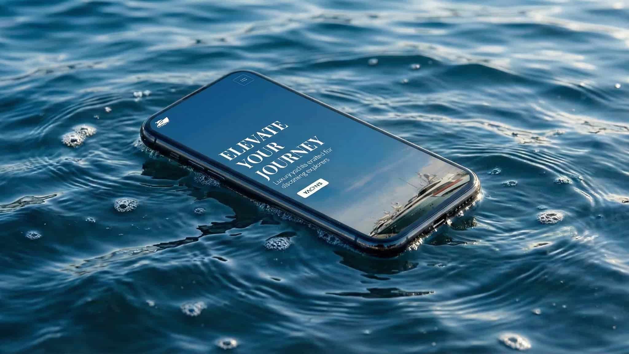 Az Aqualux Yachts luxus jacht kereskedő cég mobilra optimalizált weboldalának terve, vízen lebegő iPhone mockup-on megjelenítve.