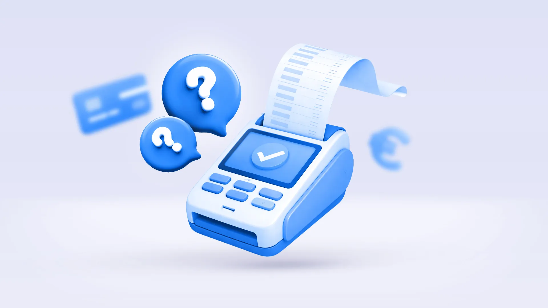 registratore di cassa che emette scontrino e icone del punto interrogativo