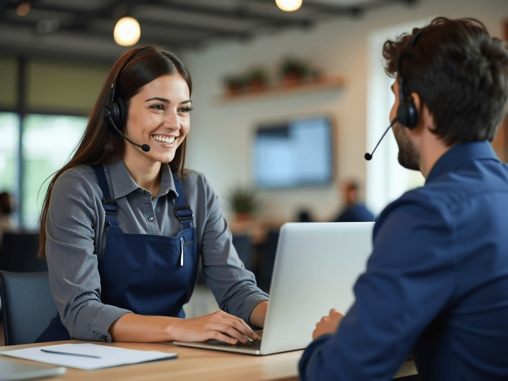 A friendly technician assisting a customer with a laptop, demonstrating customer service and technical support in a business setting