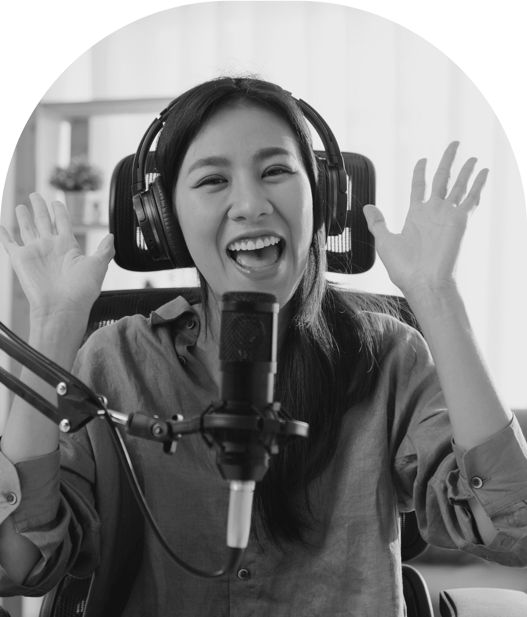 Female podcaster speaking passionately during a show.