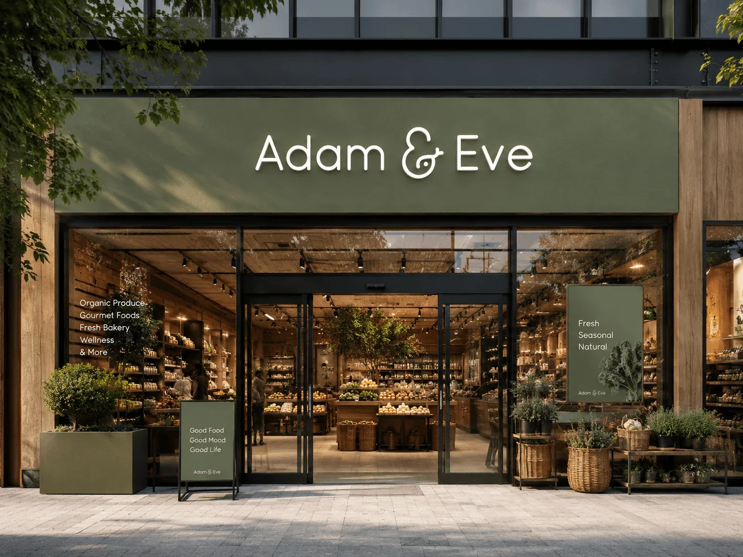 Markenauftritt von Adam & Eve an einer Ladenfassade