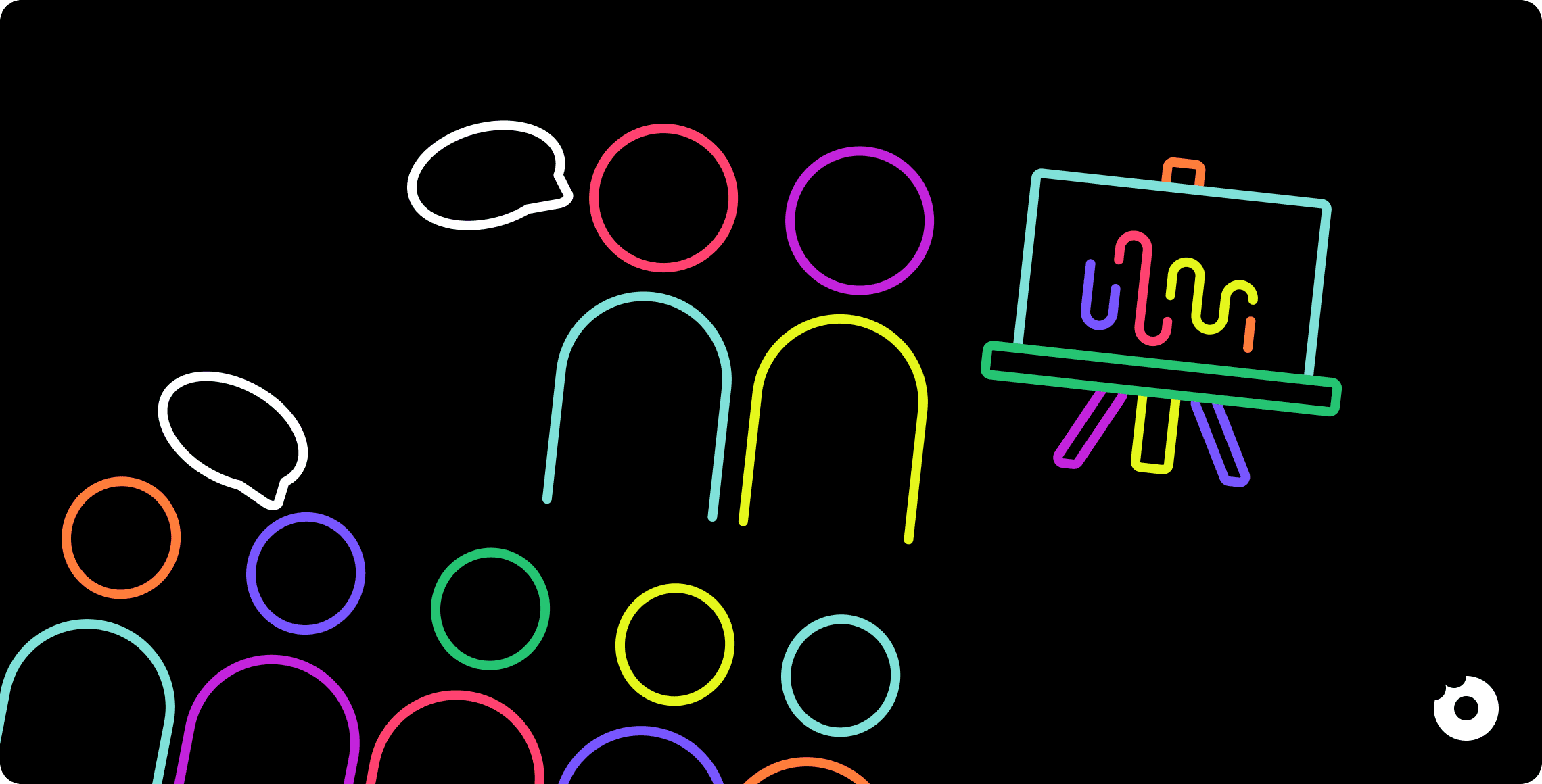 Colorful line-art illustration of a group of people discussing while two presenters stand near a chart on an easel