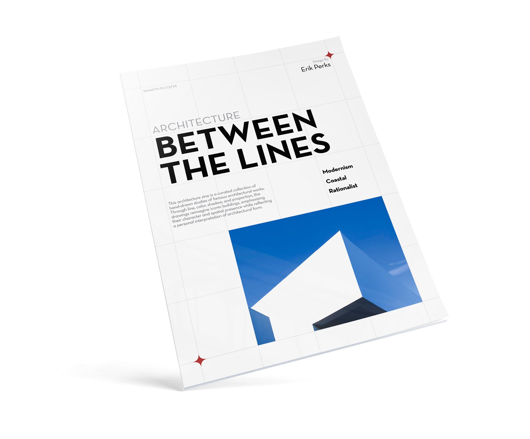 Cover of "Architecture Between the Lines" book. Features bold title, modern design, grid layout, and a geometric building photo with a blue sky