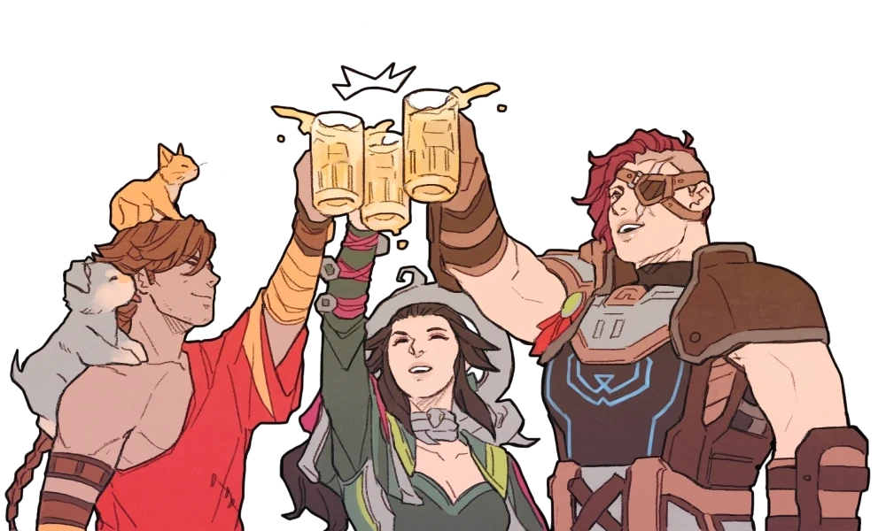 Illustrated Fortress characters raising drinks together