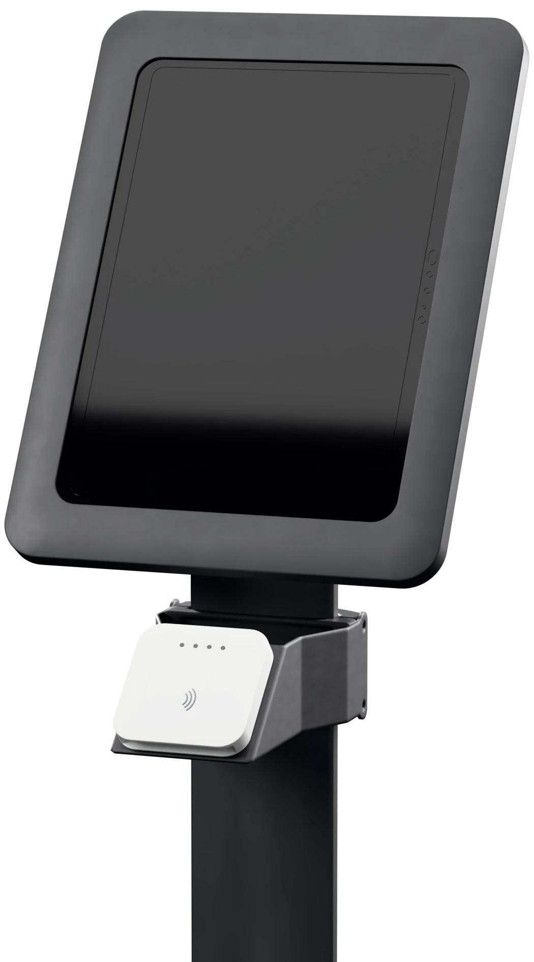 Tipper kiosk: tablet on a black floor stand with a Square contactless reader mounted below the screen