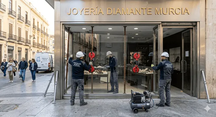 Servicio de cristalería de urgencia del seguro sustituyendo la luna de un escaparate comercial.
