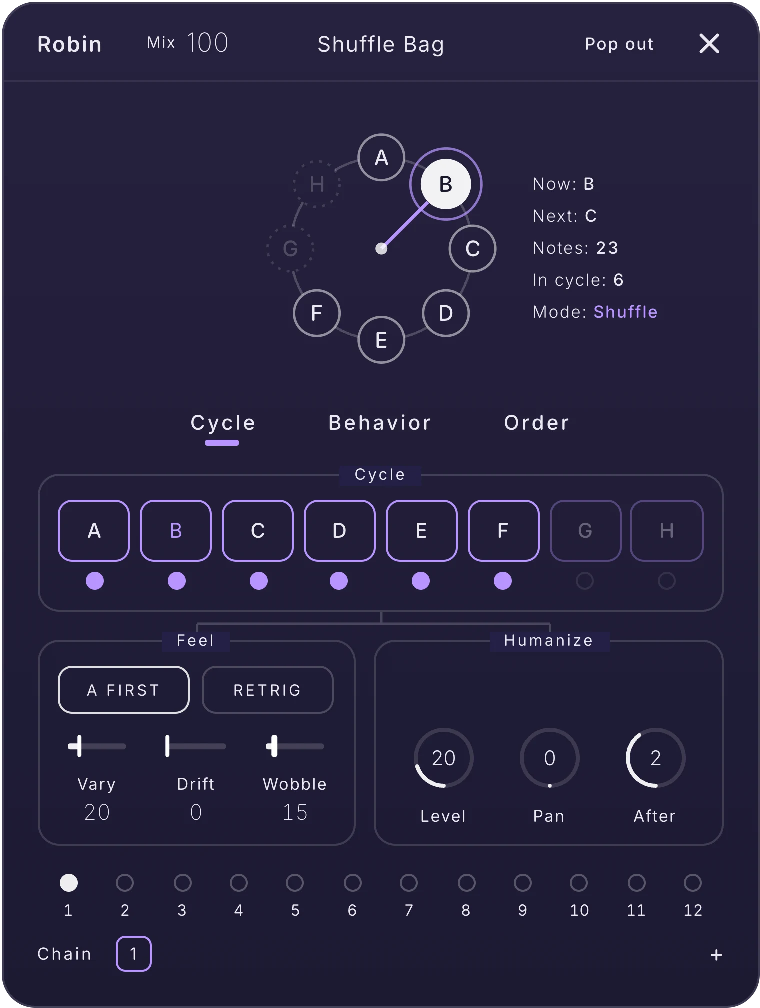 Terrain's Robin card: a needle rotating between oscillators A to F