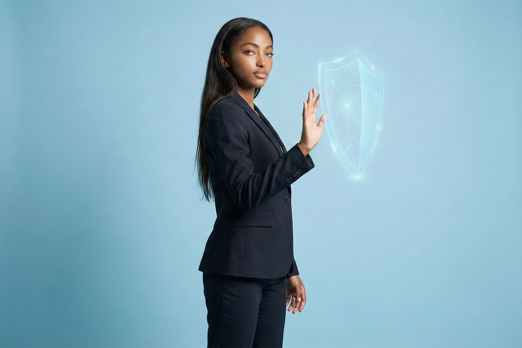 Onlineshop Betreuung für Unternehmen in Köln und Bergisch Gladbach: Geschäftsfrau schützt einen E-Commerce-Shop mit digitalem Sicherheitsschild als Symbol für technische Wartung, Sicherheitsupdates und Umsatzabsicherung.