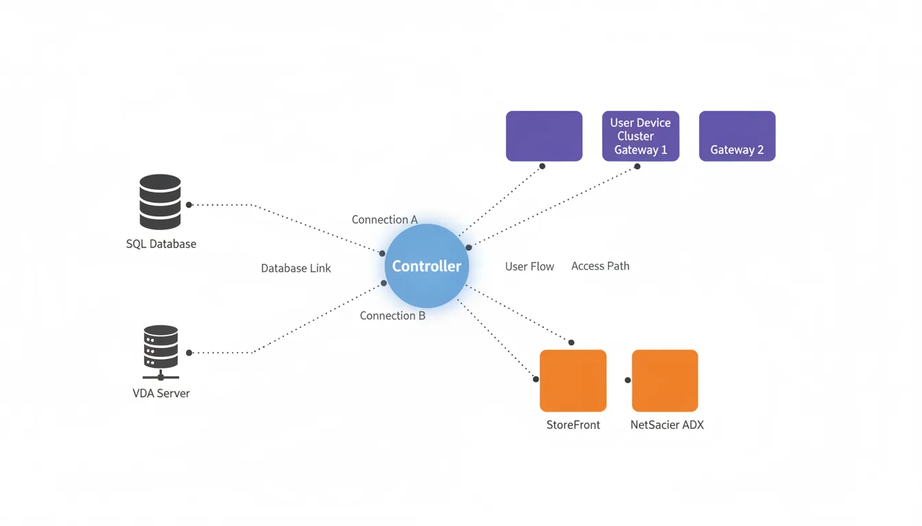 A technical architecture diagram of a Citrix virtual desktop infrastructure, clean vector illustration, minimalist flat design. The diagram features a central soft blue glowing circle labeled "Controller", connected by thin black dotted lines to surrounding components. These components are represented by minimalist icons and solid color shapes: dark gray flat icons for an SQL Database and a VDA server, a sequence of solid purple icons for a User Device cluster and gateways, and two solid orange squares. All elements are arranged on a stark white background with abstracted placeholder text labels.