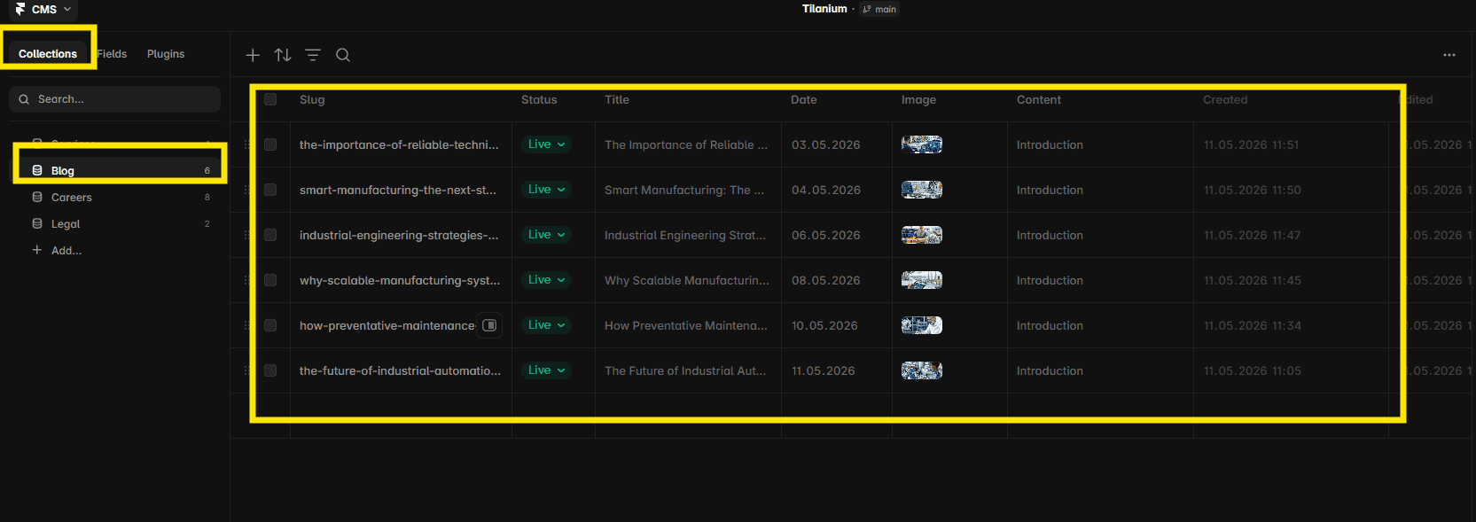 Editing a Tilanium blog detail page through CMS