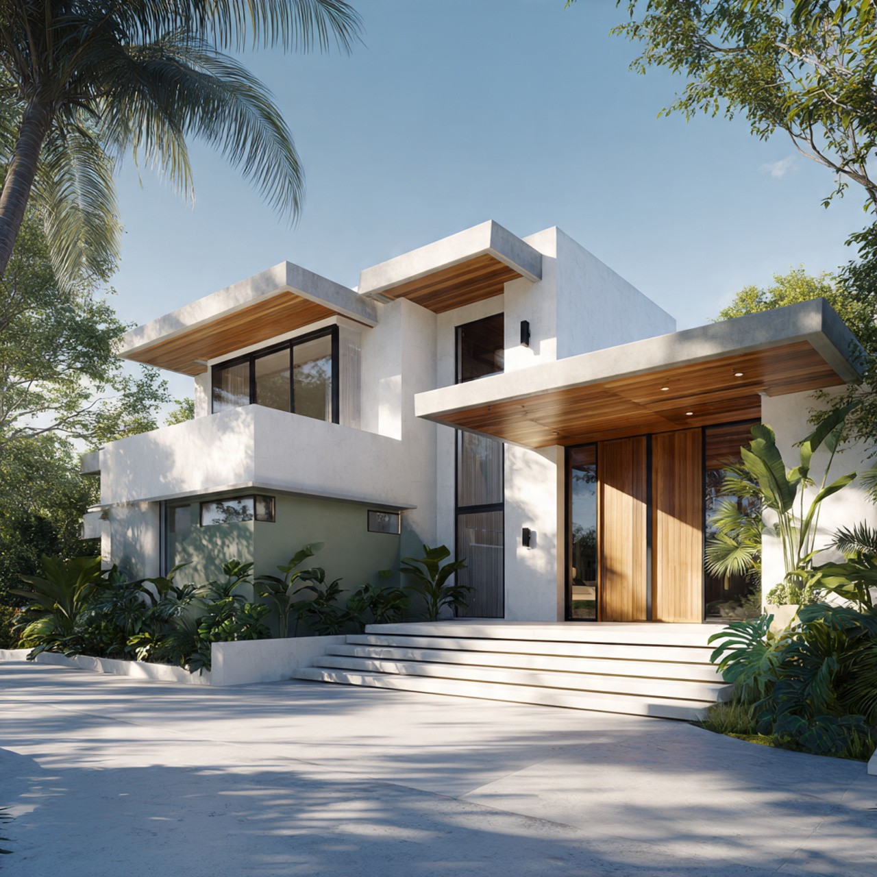 Modern white house with large windows and wooden accents, surrounded by lush greenery. A clear sky and palm trees create a serene, tropical ambiance.