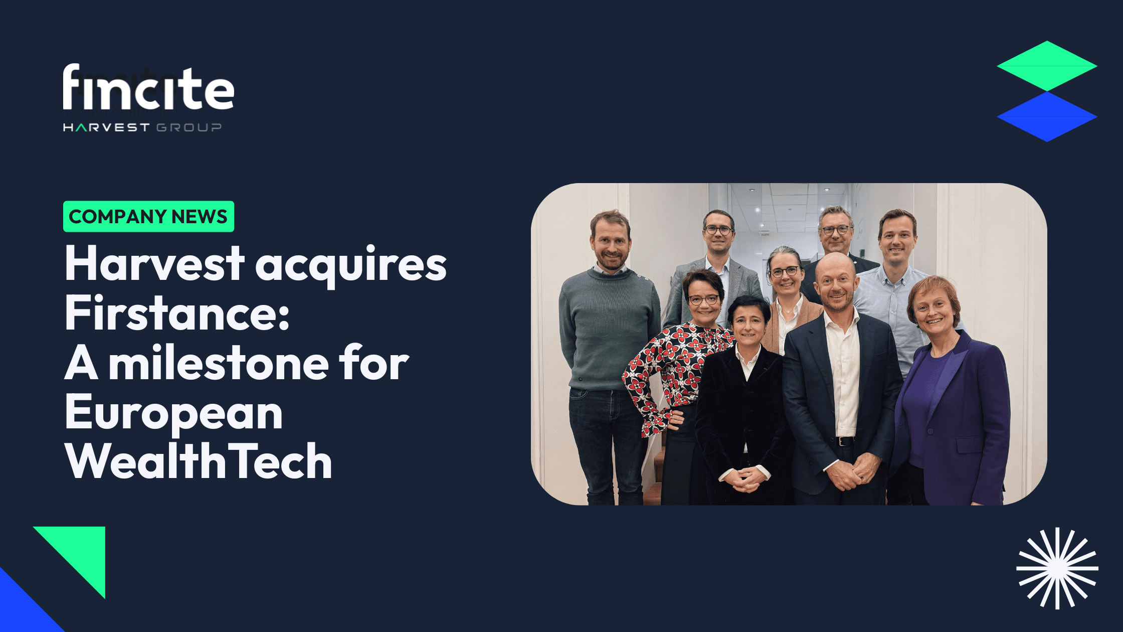 Foto (von links nach rechts): Quentin Michon, CFO Harvest; Sonia Fendler, stellvertretende Geschäftsführerin Harvest Frankreich; Yannick Raynard, CTO Harvest; Virginie Fauvel, CEO Harvest; Alix de Carné, CHRO Harvest; Massimiliano Merlo, CEO Firstance; Vincent Lascoux, COO Harvest; Ralf Heim, Gründer & Co-CEO fincite; Delphine Asseraf, stellvertretende CEO Harvest