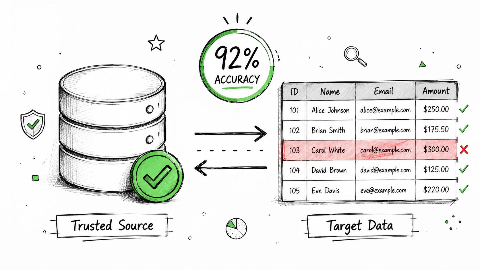 A conceptual diagram showing a database labeled Trusted Source connecting to a table labeled Target Data with ninety-two percent accuracy.
