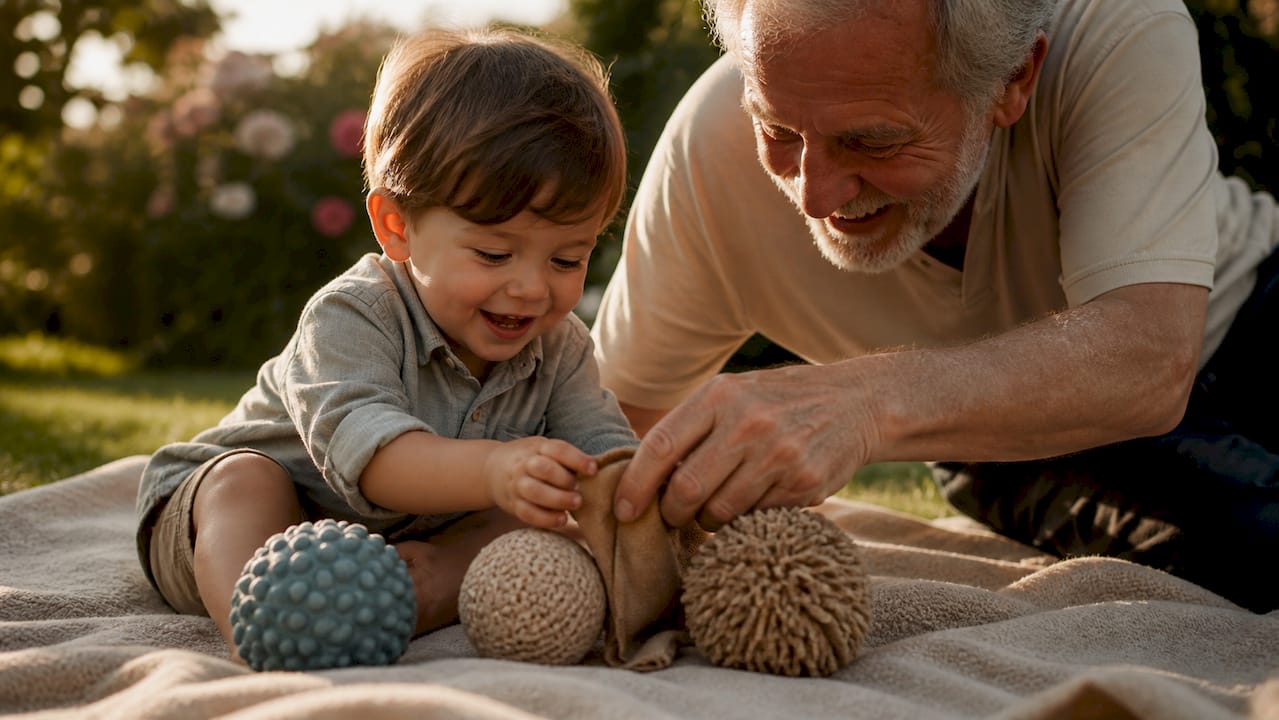 Abuelo y niño con juguetes sensoriales