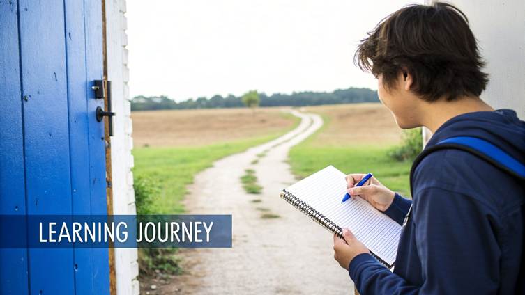 A young person writing in a notebook looks out an open blue door at a winding path through a field.