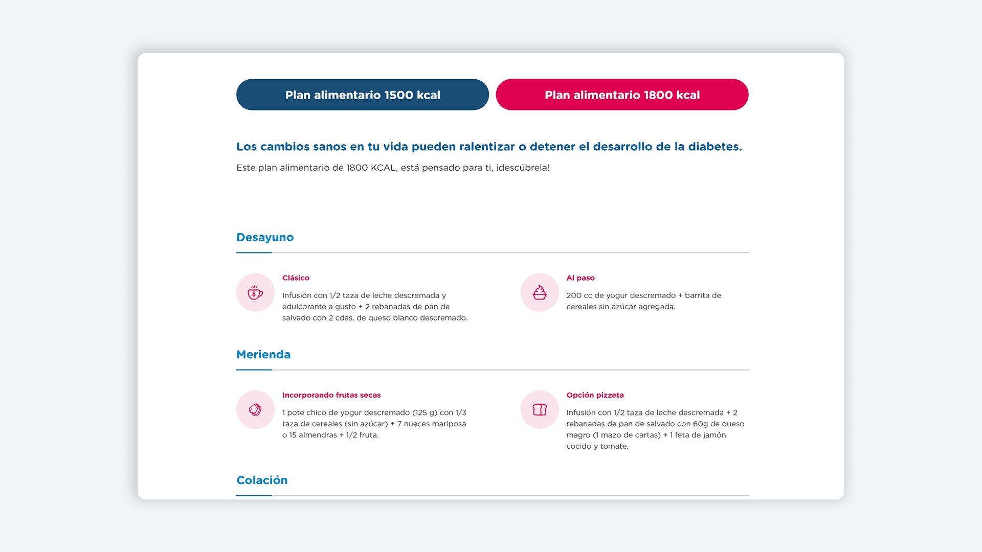 Planes alimentarios de 1500 y 1800 kcal con sugerencias detalladas para desayuno y merienda en un estilo saludable.