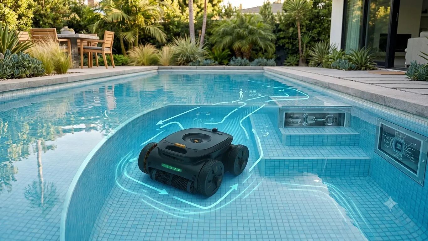 Purily Hydro robotic pool cleaner operating in complex pool environments
