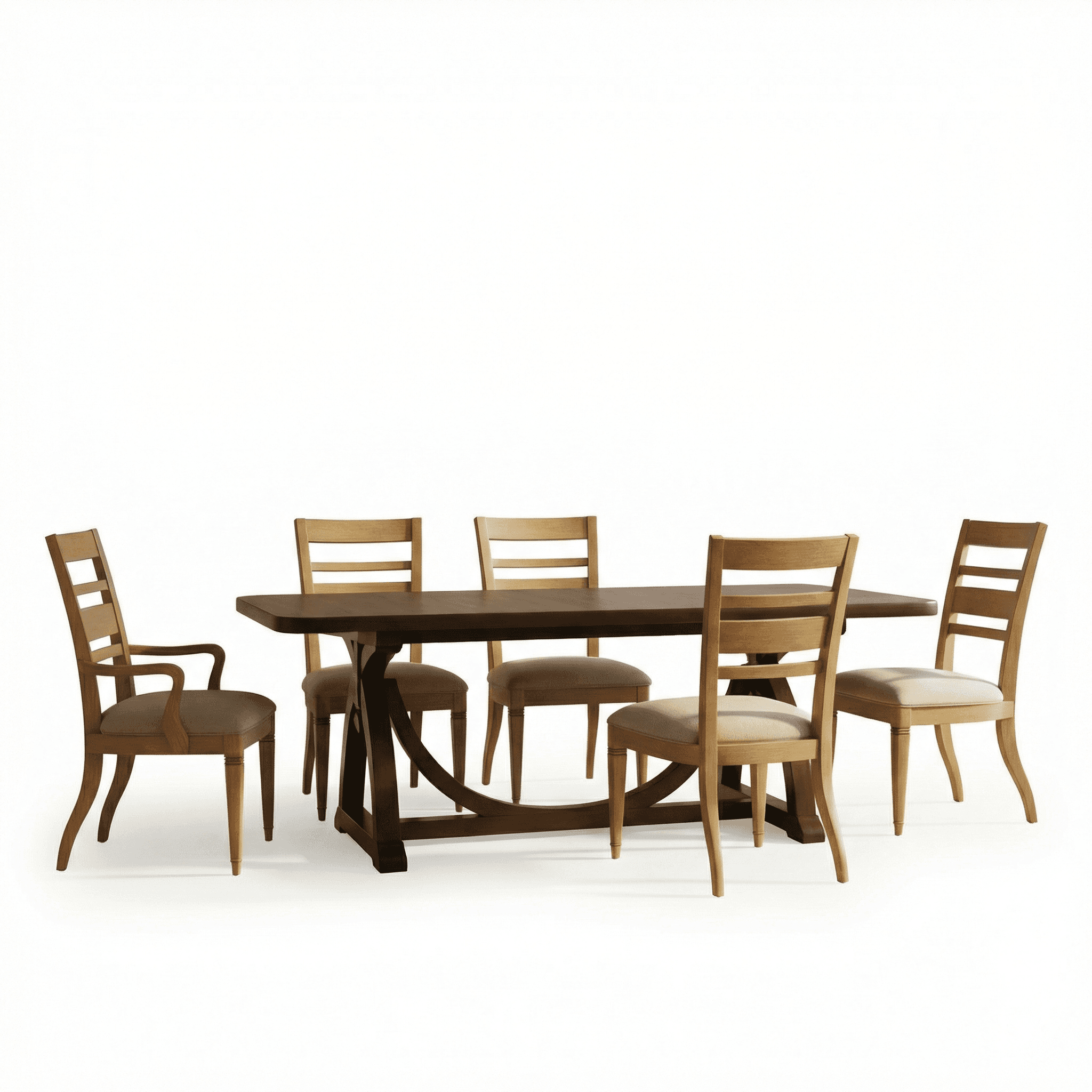 Light wood dining table with gently curved legs, paired with simple wooden chairs 