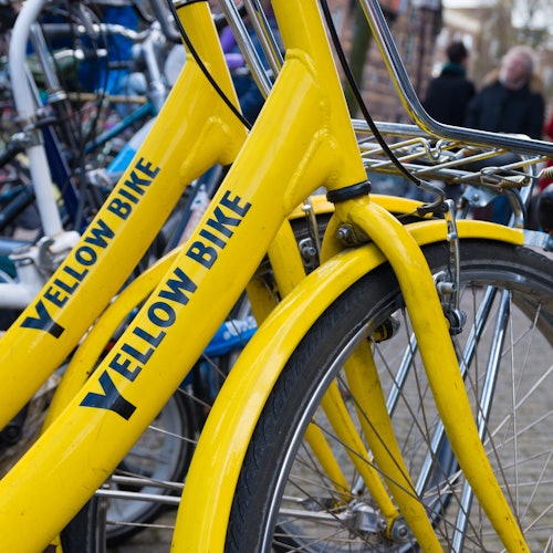 一群标有“黄自行车”的黄色自行车停放在其他自行车附近。背景中有些人模糊不清。