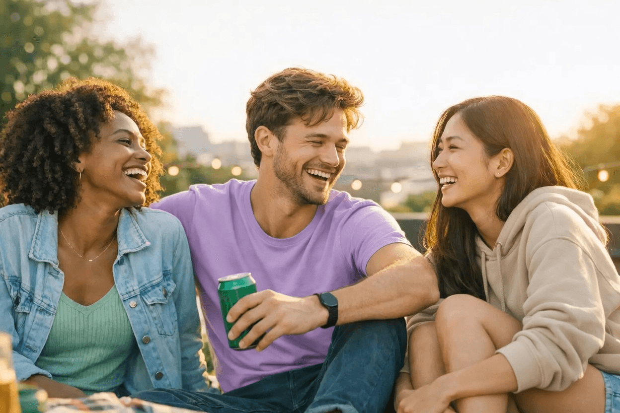 Three friends laughing together outdoors at sunset while sharing drinks
