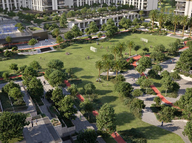 Illustration of Terra Gardens, showcasing a lively urban park with trees, flowers, and walking paths.