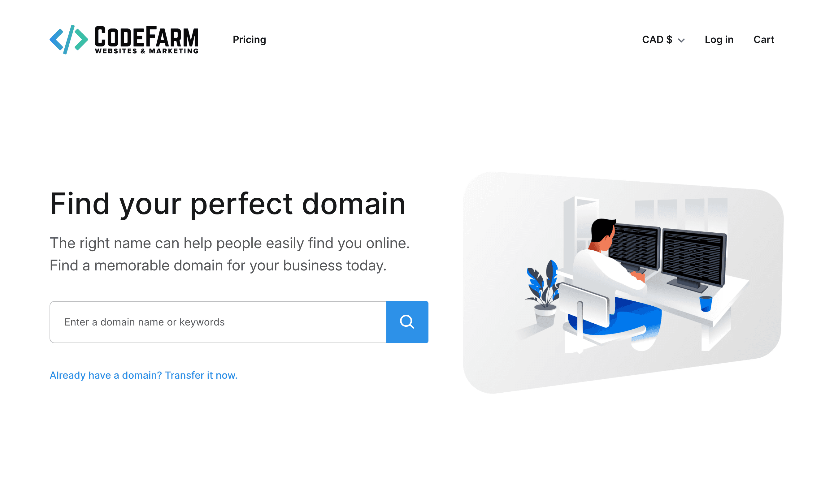 A screenshot of CodeFarm's Storefront domain search