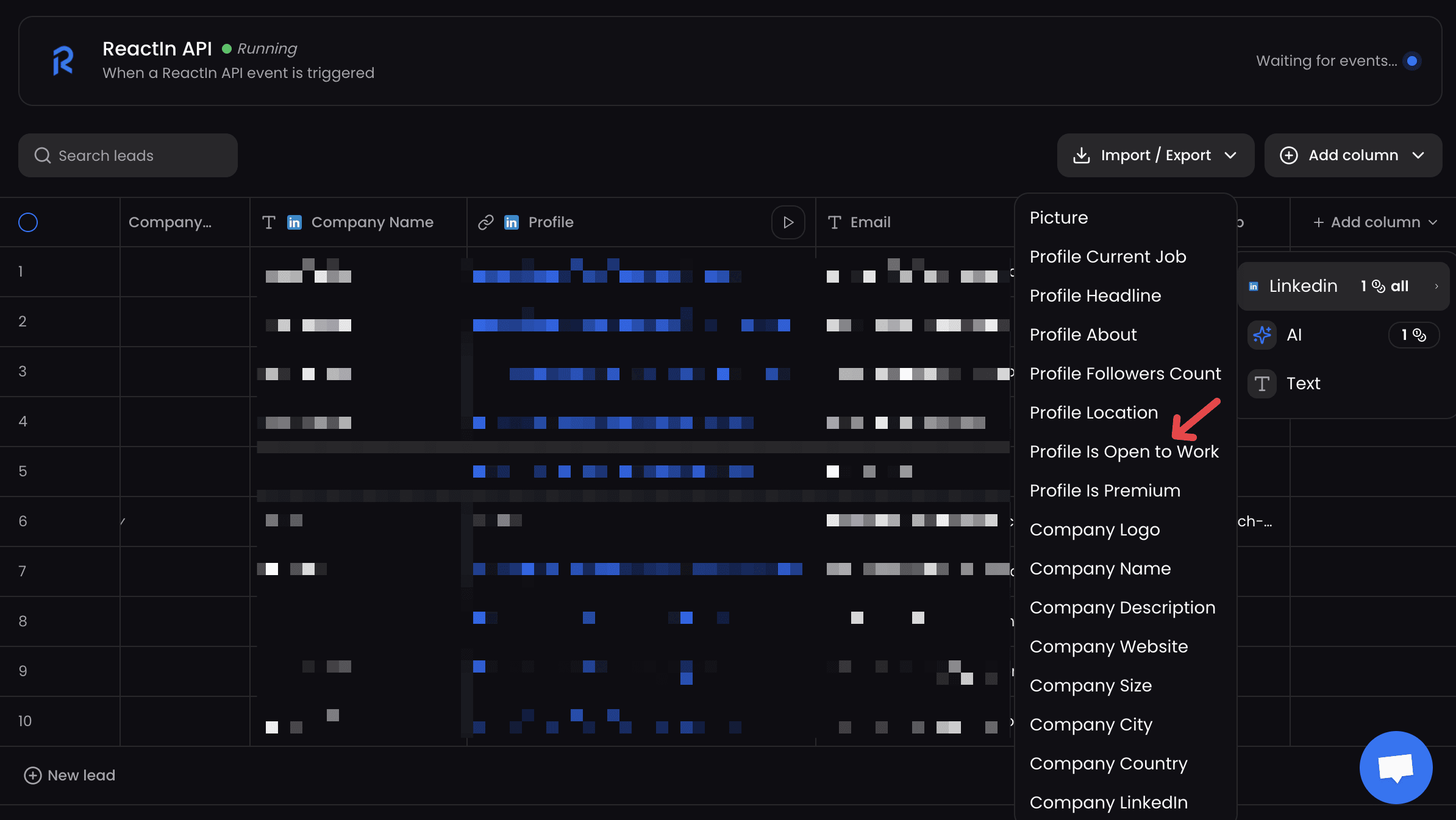 ReactIn Leads list with LinkedIn and AI data