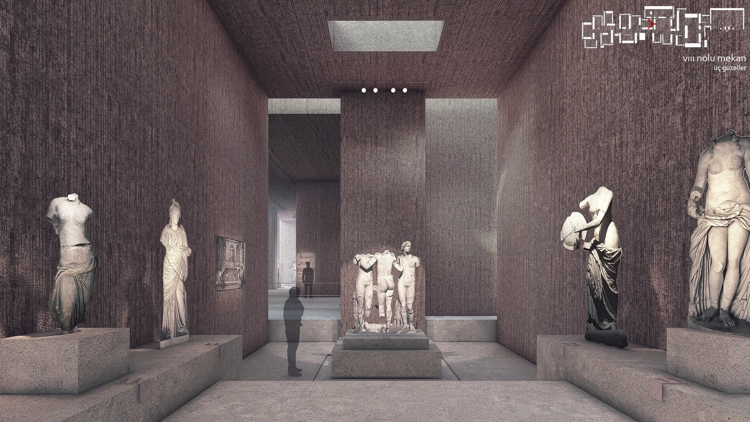 Space VIII, a top-lit gallery displaying the Three Graces sculpture group and ancient statues