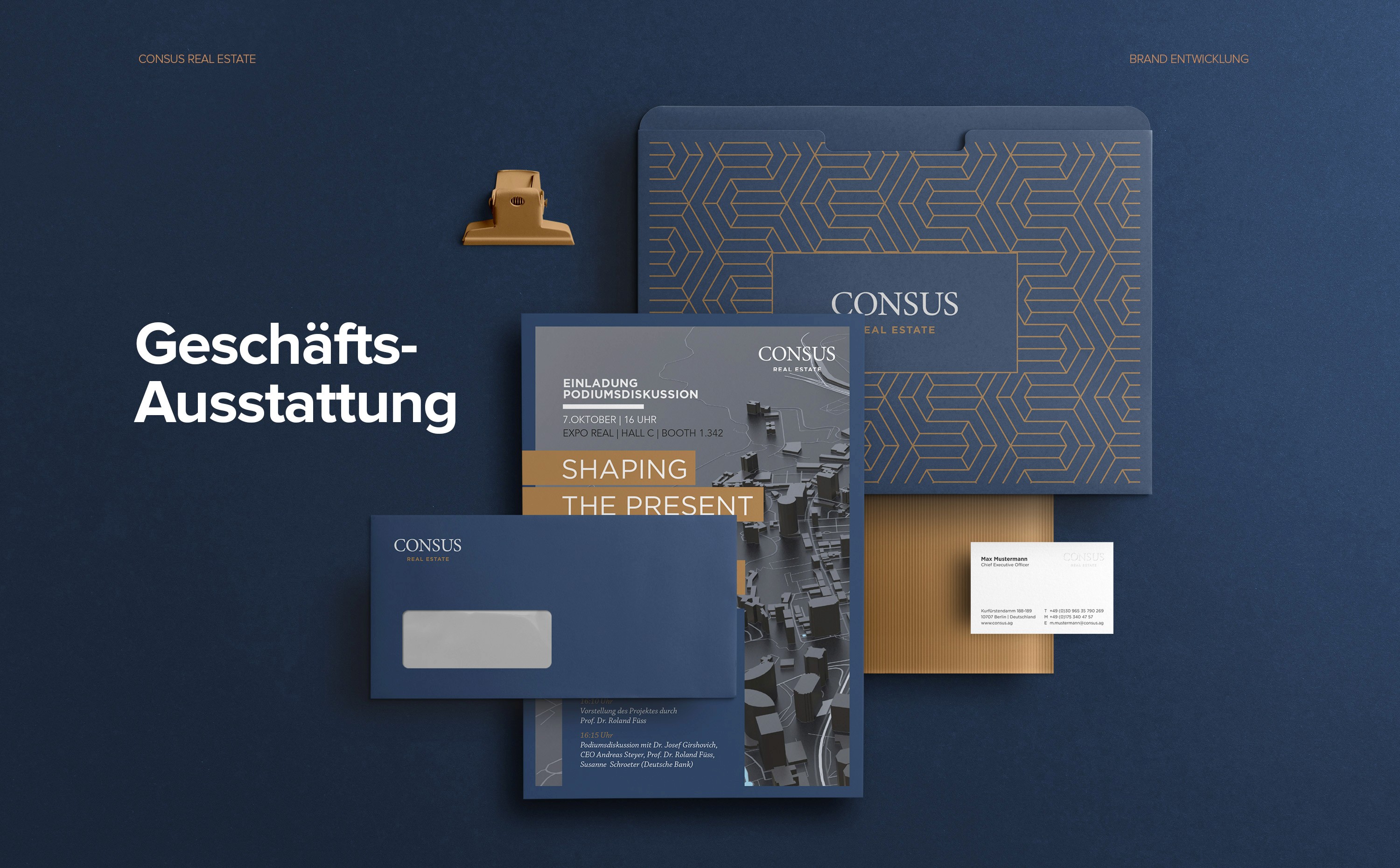 Geschäftsausstattung im Corporate Design von Consus Real Estate – Briefpapier, Visitenkarten und Templates mit präziser Typografie.