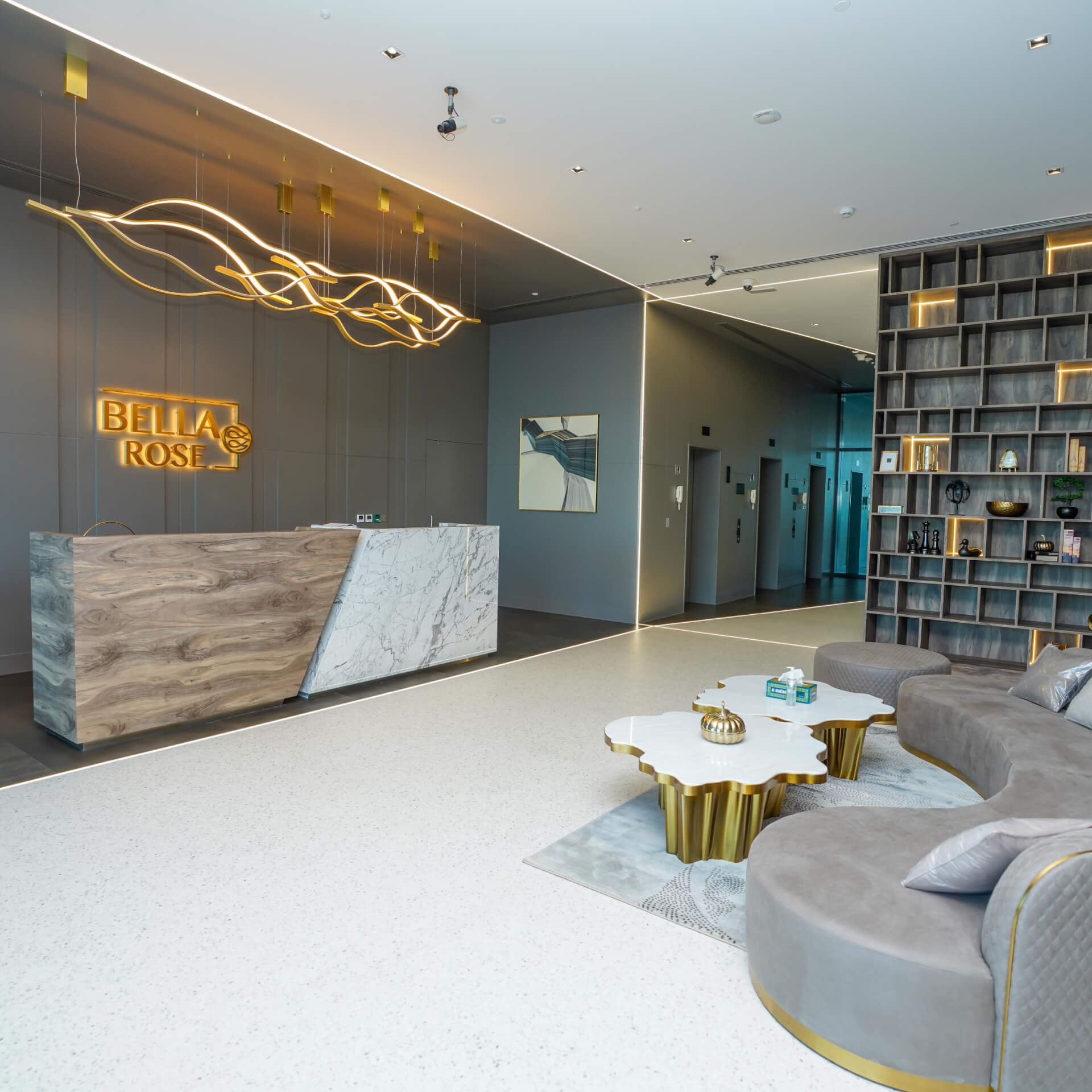 Elegant lobby and reception at Bella Rose. Our real estate agency provides professional support for every resident.