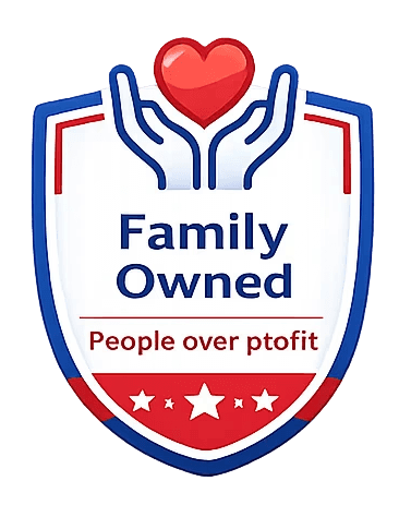 Family Owned, icon of hands holding a heart, trust badge for On Call Medical, family run non emergency medical transportation