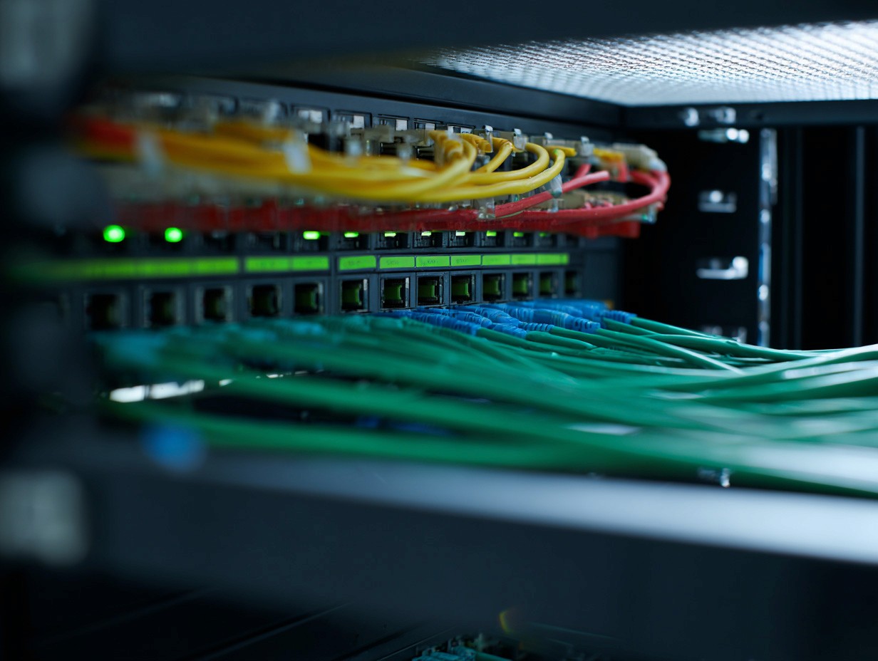 A network server room with various colored Ethernet cables connected to a switch, with green LED lights indicating active data connections.