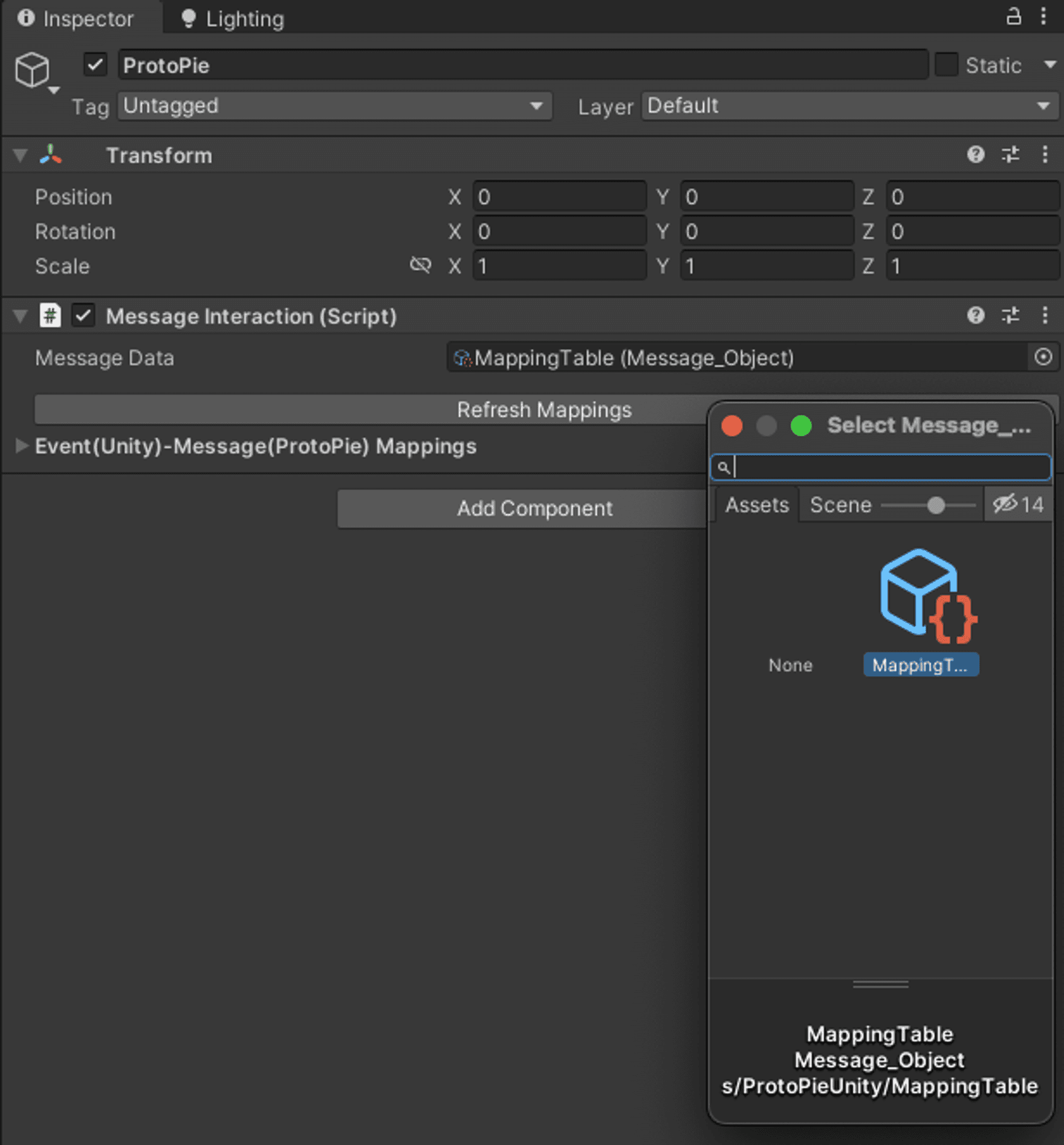 {'_type': 'localeString', 'en': 'Add MappingTable to the Message Data field in the Message Interaction component. '}
