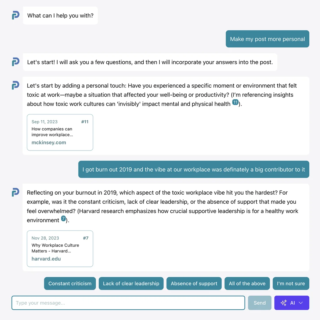 Captura de tela de criação de ideias de postagens no LinkedIn com postline.ai