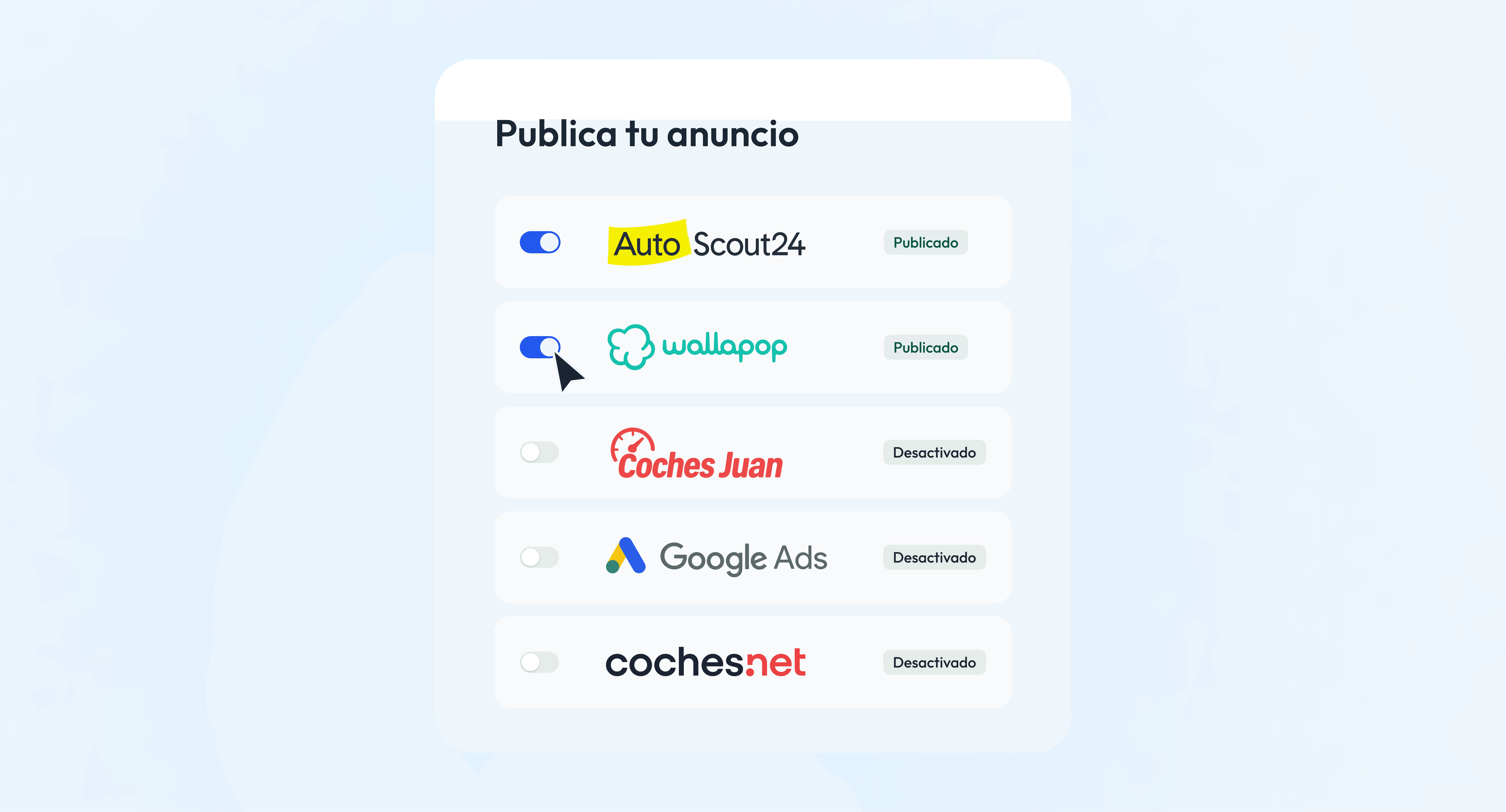 Pubblica il tuo annuncio su più piattaforme: Auto Scout24, Wallapop e altro ancora.