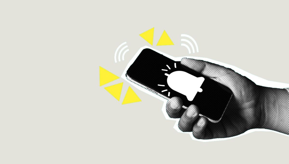 Stylized artwork of smartphone with notification signals, used to depict creating push notifications.