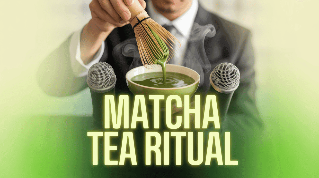 Tea Ceremony Whisper ASMR Thumbnail Template featuring tea master pouring matcha with bamboo whisk, steam swirling around microphones