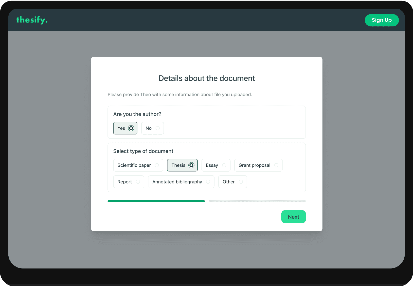 Screenshot of the onboarding questions after uploading a draft in thesify