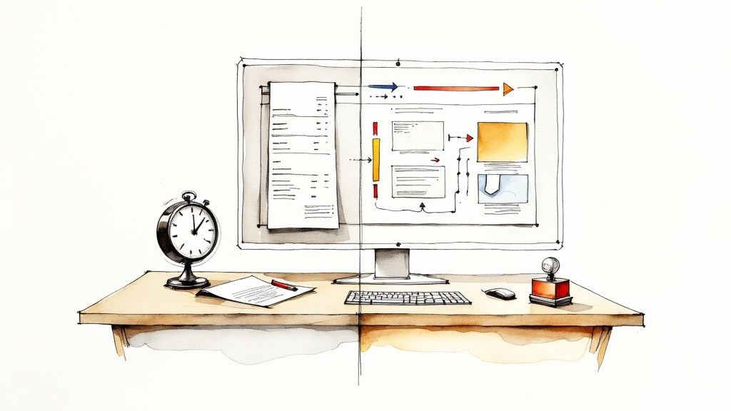 A watercolor sketch showing a desk with a computer illustrating the transition from manual to automated workflows.