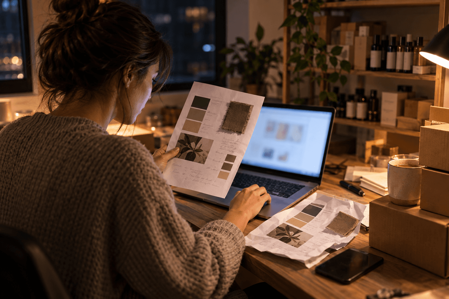 DTC operator re-entering brand colors by hand late at night while setting up a page in a generic AI website builder