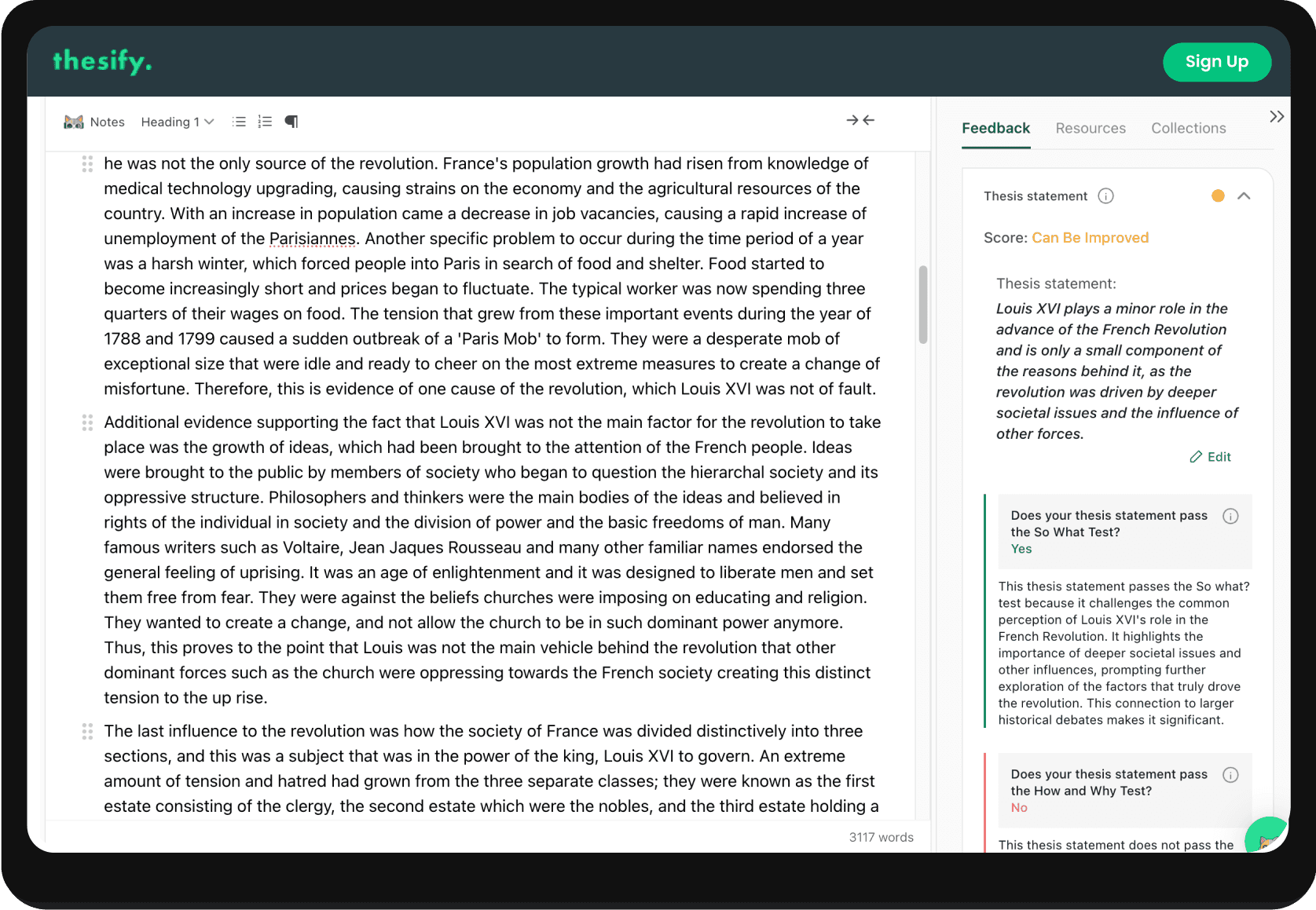 screenshot of thesify's thesis statement with extracted statement and questions