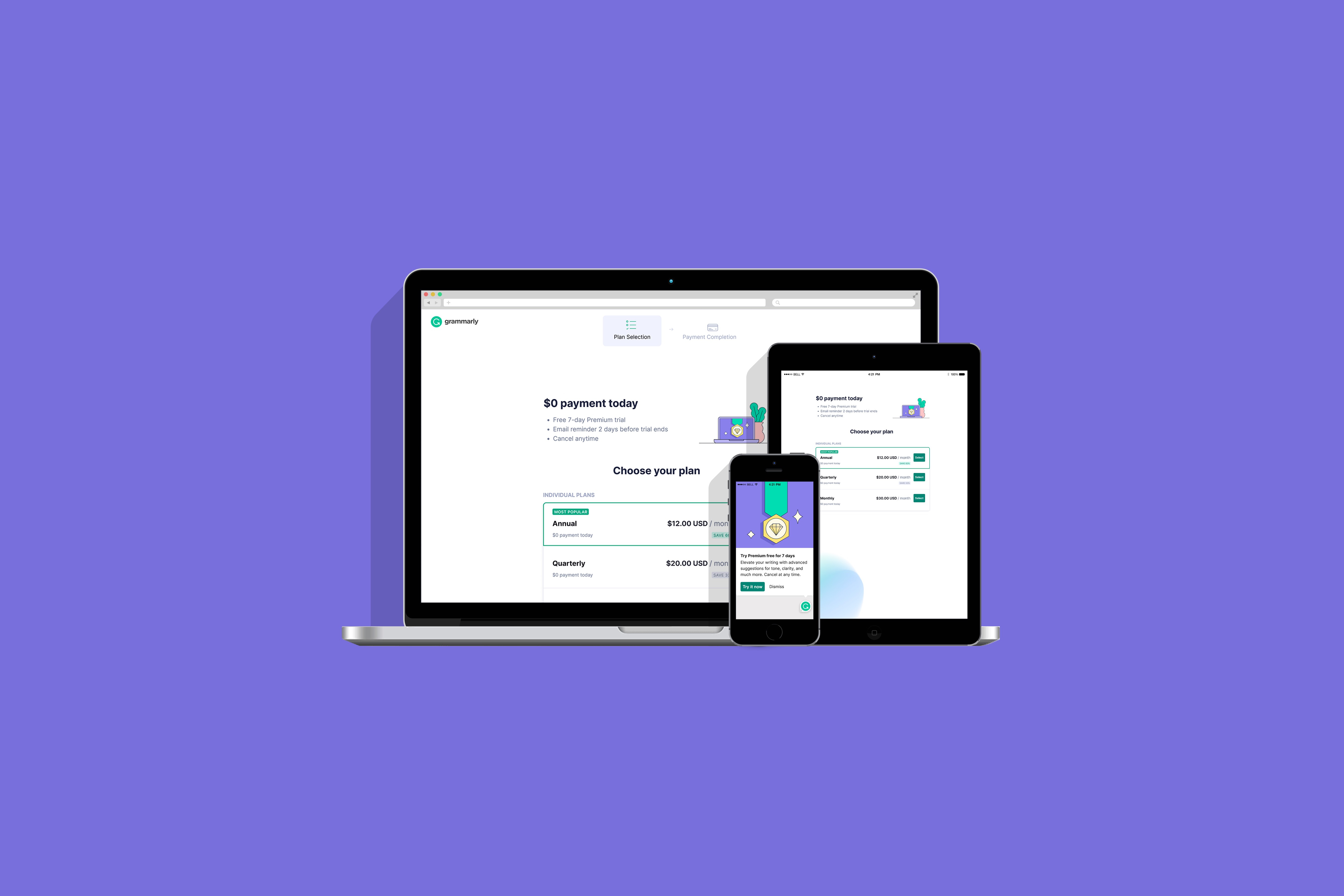 Mockup with a laptop, tablet, and phone displaying the Grammarly logo.