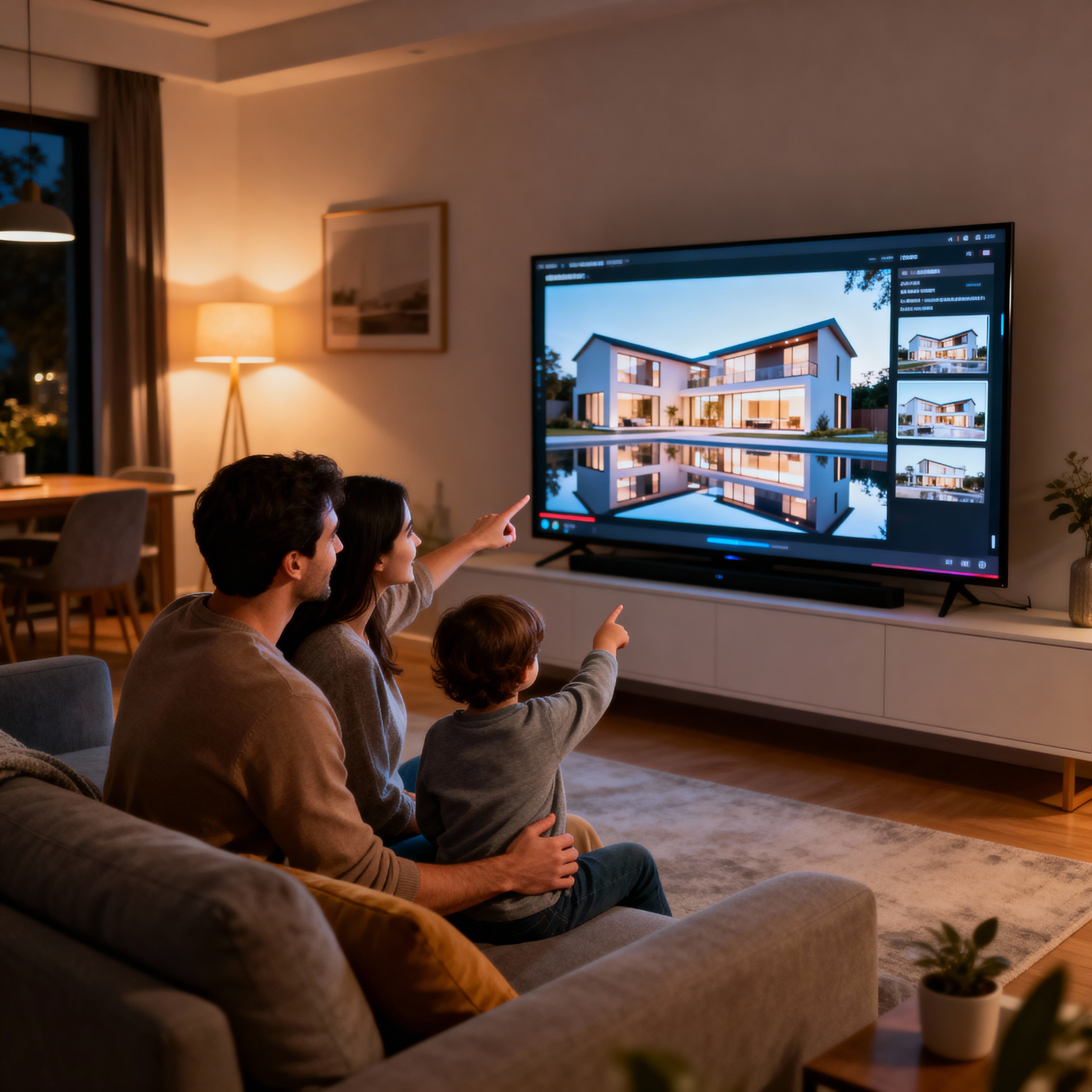 Homeowners viewing architectural renderings on a large television screen in a warm, modern living room.