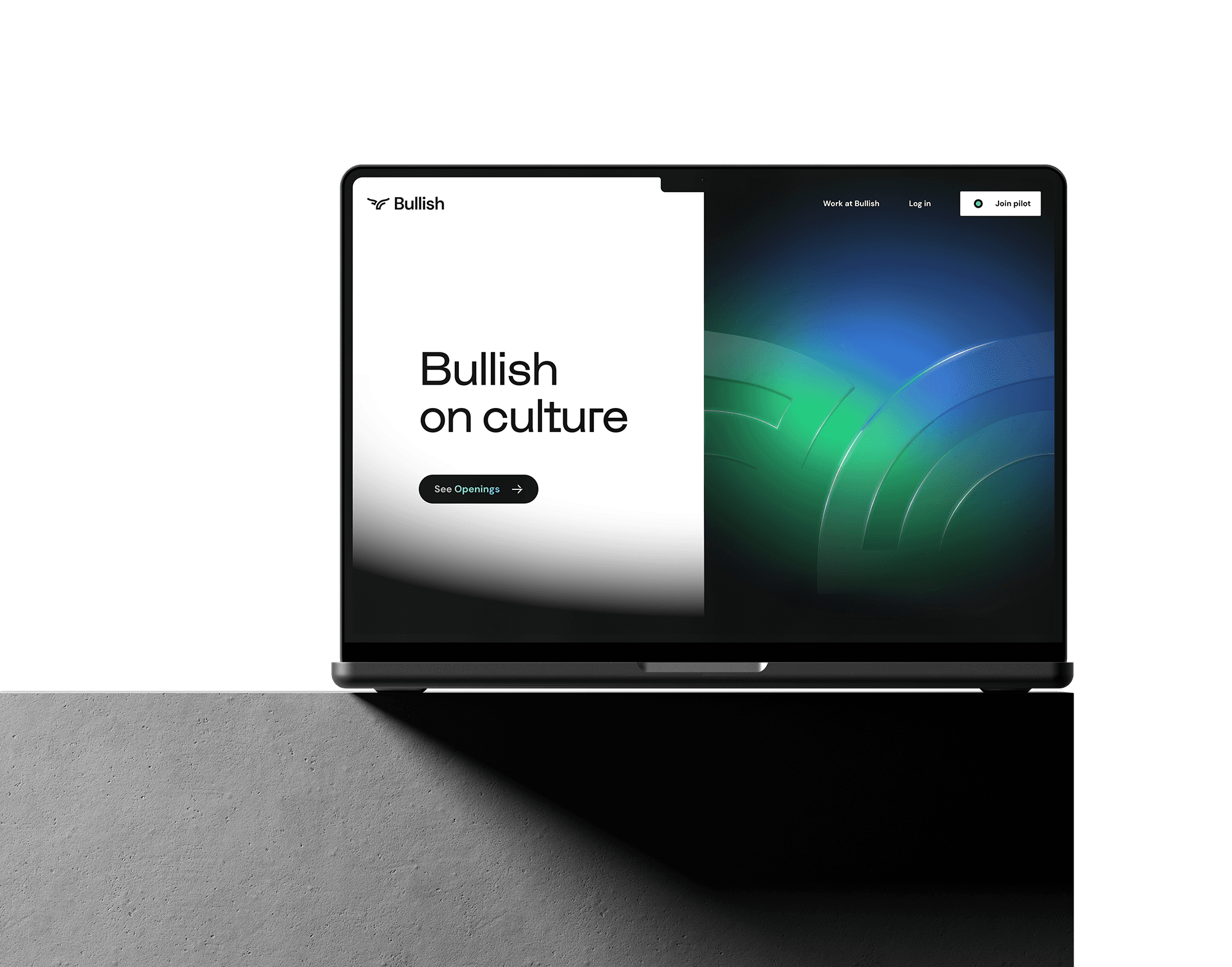 Bullish launch landing page mocked up on laptop sitting on a table