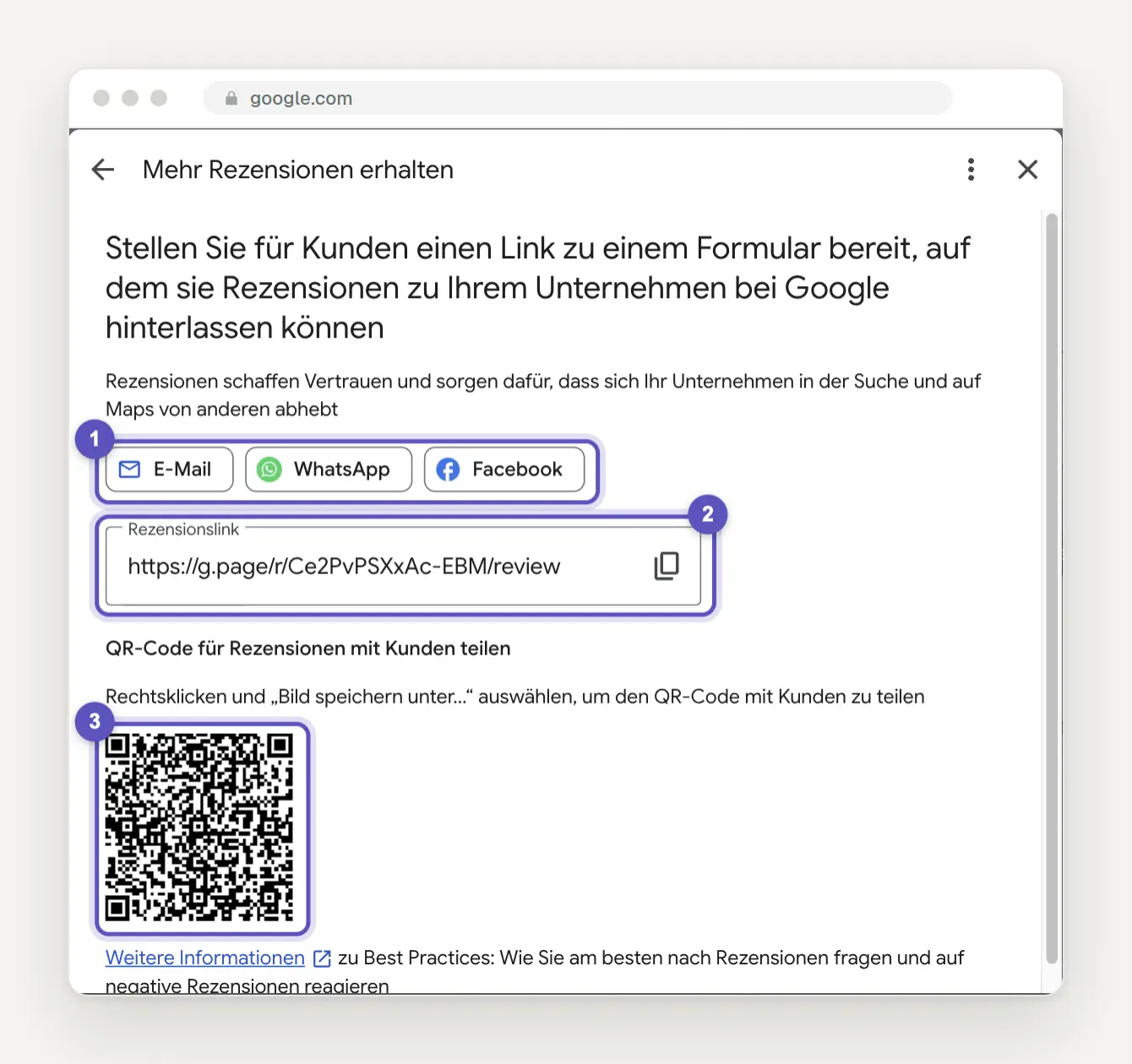 Dialog Mehr Rezensionen erhalten im Google-Unternehmensprofil mit Schaltflächen zum Teilen per E-Mail, WhatsApp und Facebook, dem Feld Rezensionslink mit einer Adresse im Format g.page/r/…/review und Kopier-Symbol sowie einem QR-Code für Rezensionen.
