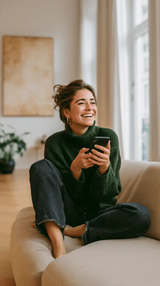 A woman sitting on a sofa at home, smiling and holding a phone.