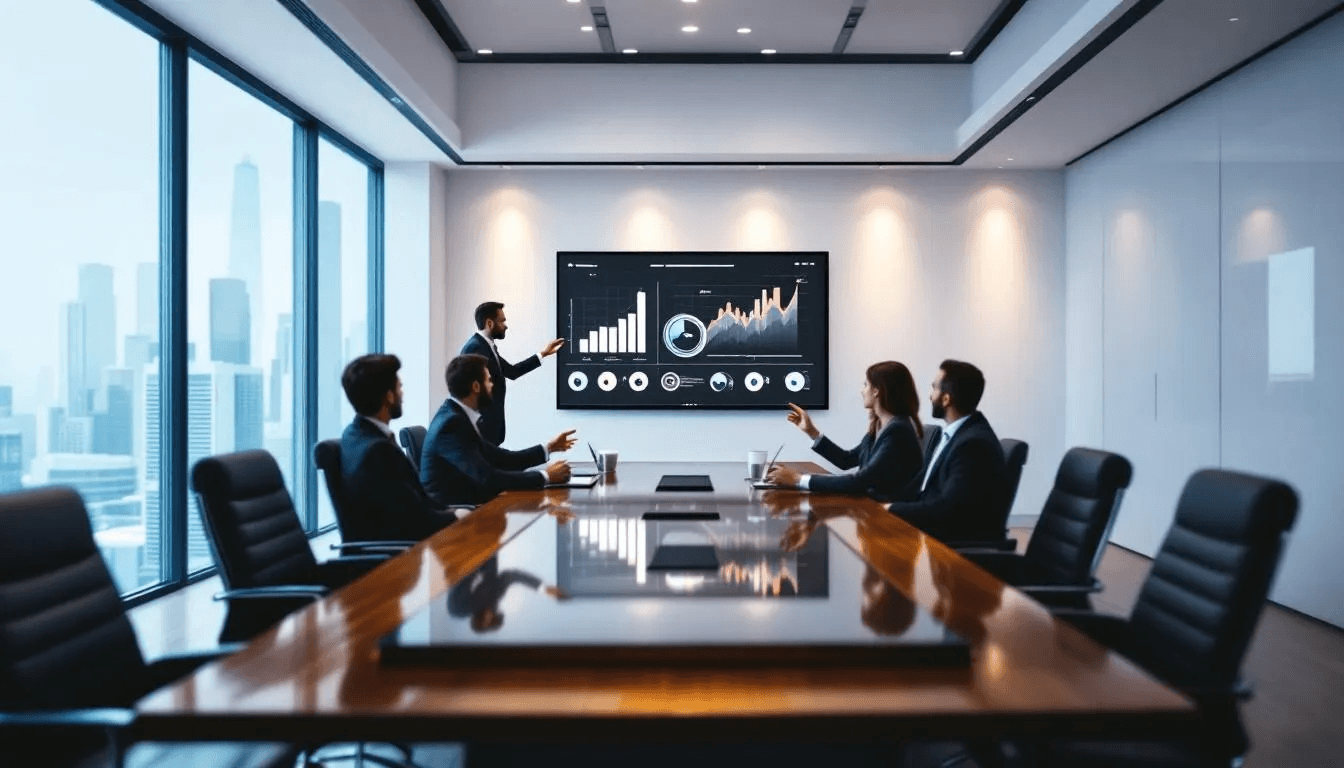 A group of corporate executives is seated around a large conference table in a modern boardroom, engaged in a discussion about digital transformation strategies, including the integration of bitcoin payments and blockchain technology into their business operations. The atmosphere is focused and professional, reflecting the importance of adapting to digital currencies and the evolving crypto industry.