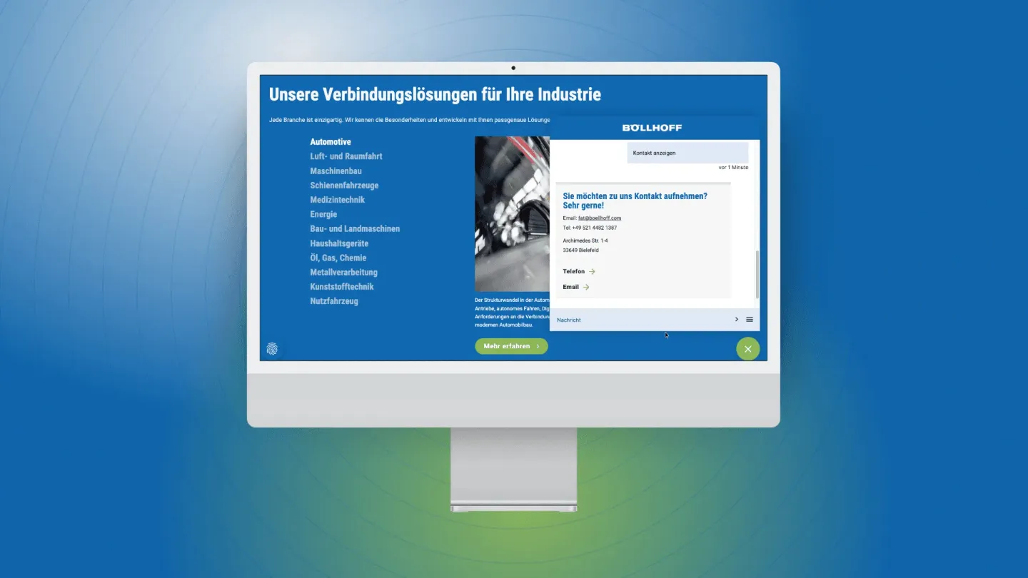 Ein Screenshot von der Homepage von Böllhoff - rechts der digitale Marketing Assistent von Mercury.ai