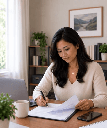 Woman reviewing and completing documents as part of the divorce process.